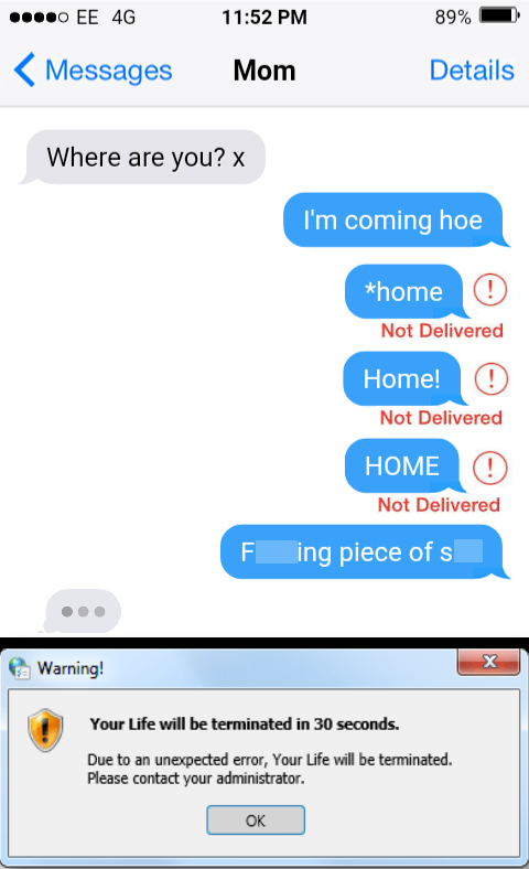 funny memes - Mom Where are you? x I'm coming hoe home Not Delivered Home! ! Not Delivered Home Not Delivered Fucking piece of shit Warning! Your Life will be terminated in 30 seconds. Due to an unexpected error, Your Life will be terminated