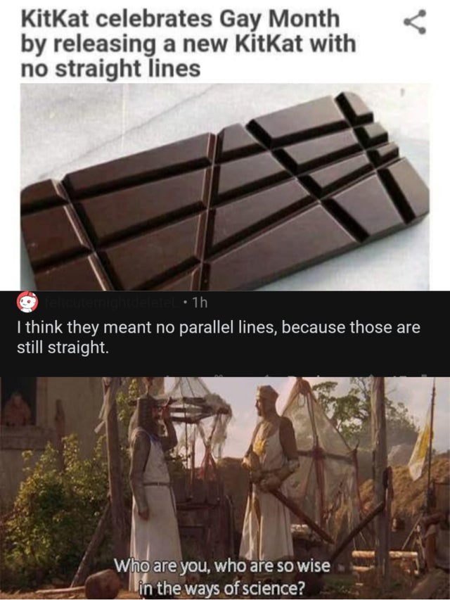 funny memes - KitKat celebrates Gay Month by releasing a new KitKat with no straight lines 1h I think they meant no parallel lines, because those are still straight. Who are you, who are so wise in the ways of science?