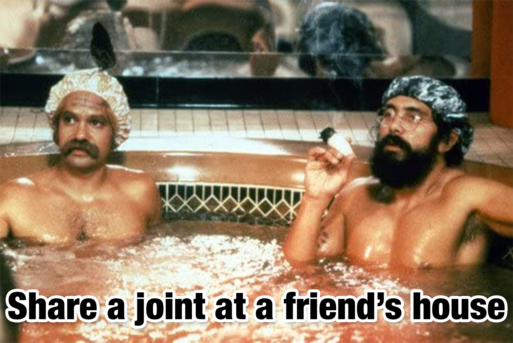 cool pics - cheech and chong - share a joint at a friend's house