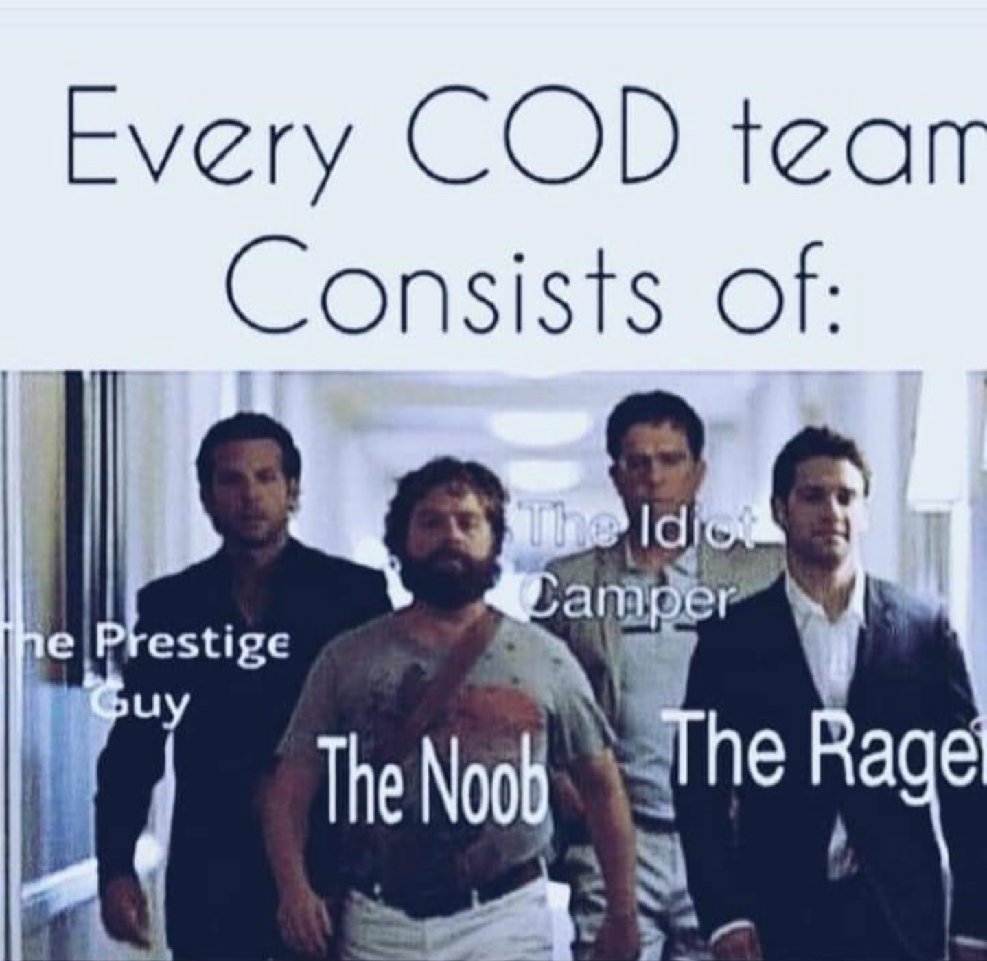 gaming memes - The Hangover - Every Cod team Consists of The Idio Camper The Prestige Guy The Noob The Ragel