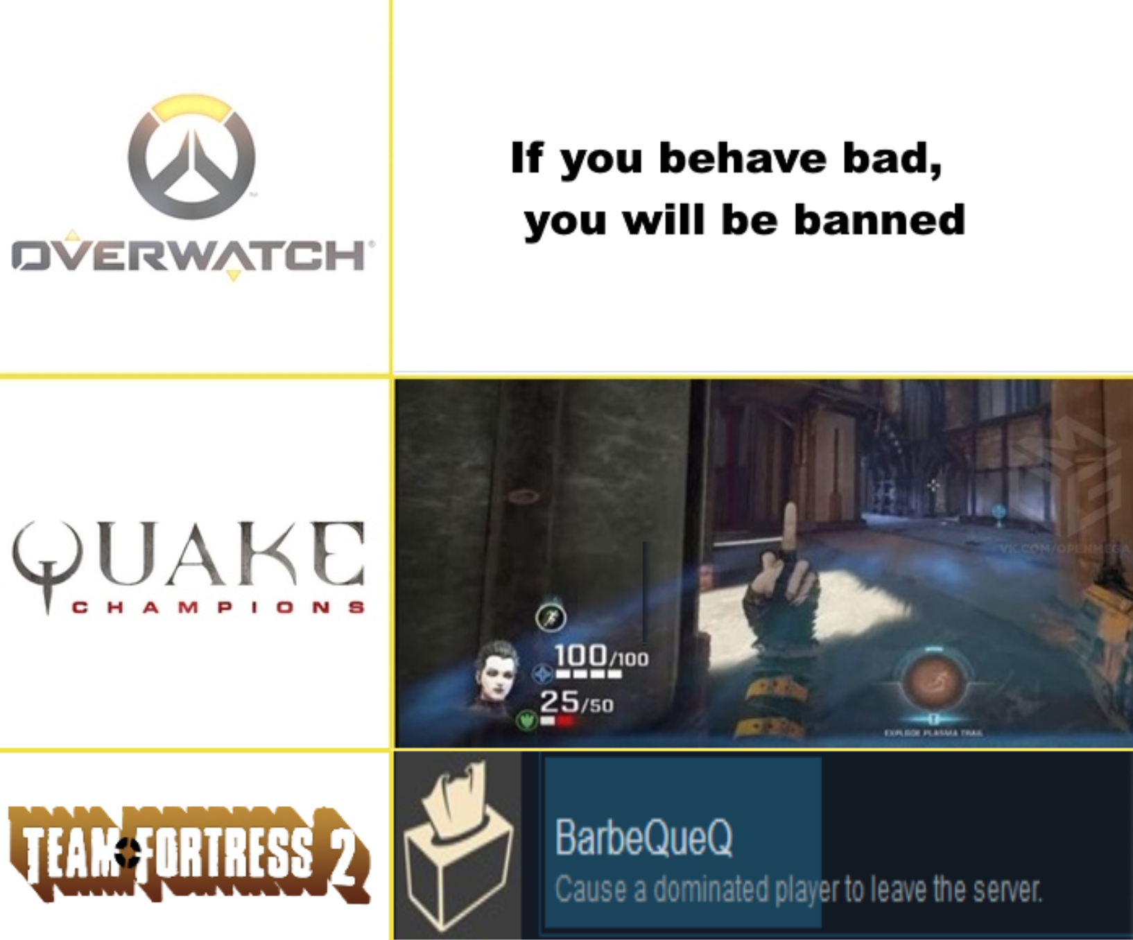 gaming memes - team fortress 2 - If you behave bad, you will be banned Dverwatch Quake Champions 100100 2550 Do Teak Fortress 2 BarbeQueQ Cause a dominated player to leave the server.