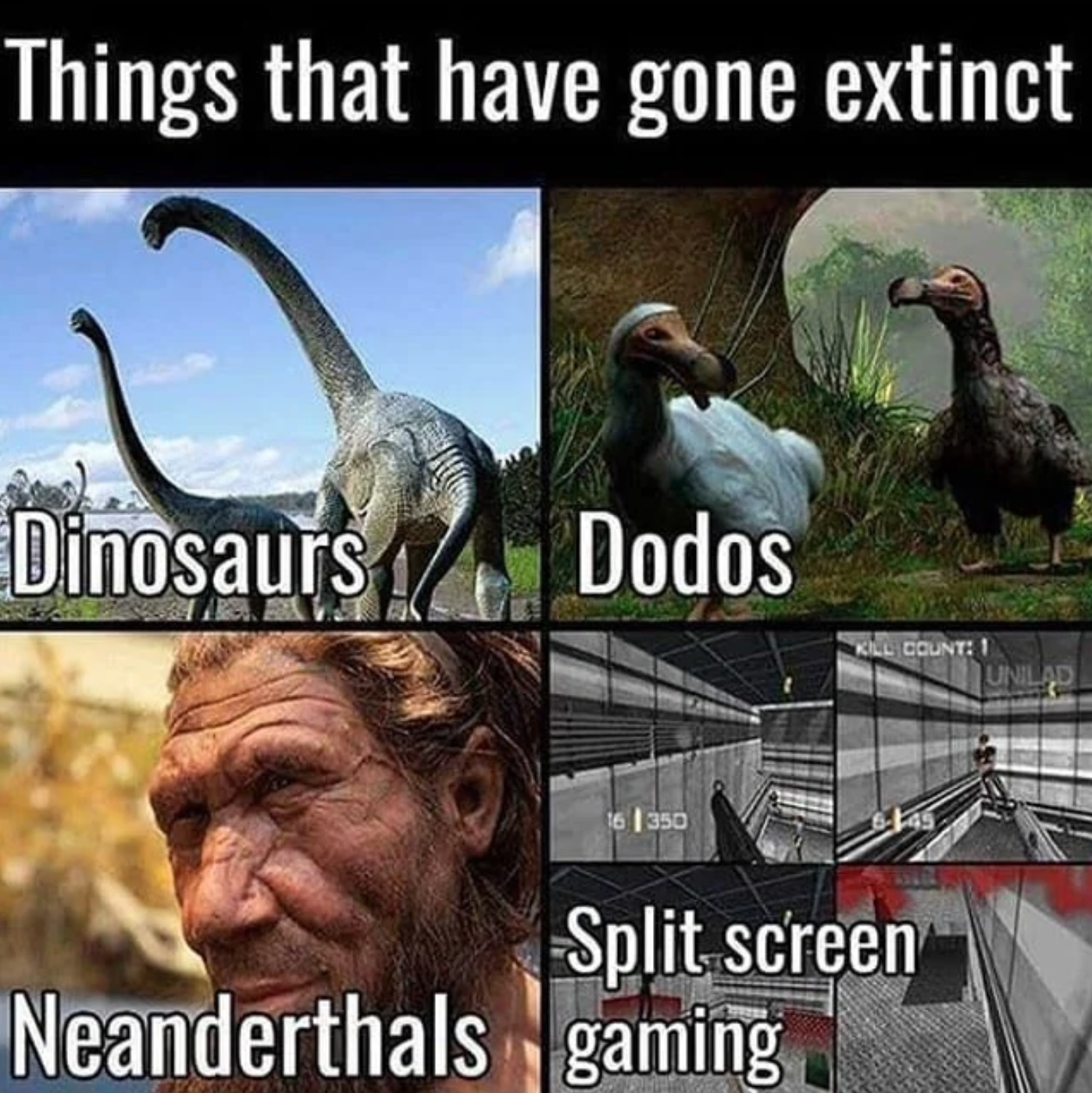 gaming memes - extinct meme - Things that have gone extinct Dinosaurs Dodos Kll Count Un Las 16 1350 Split screen Neanderthals gaming