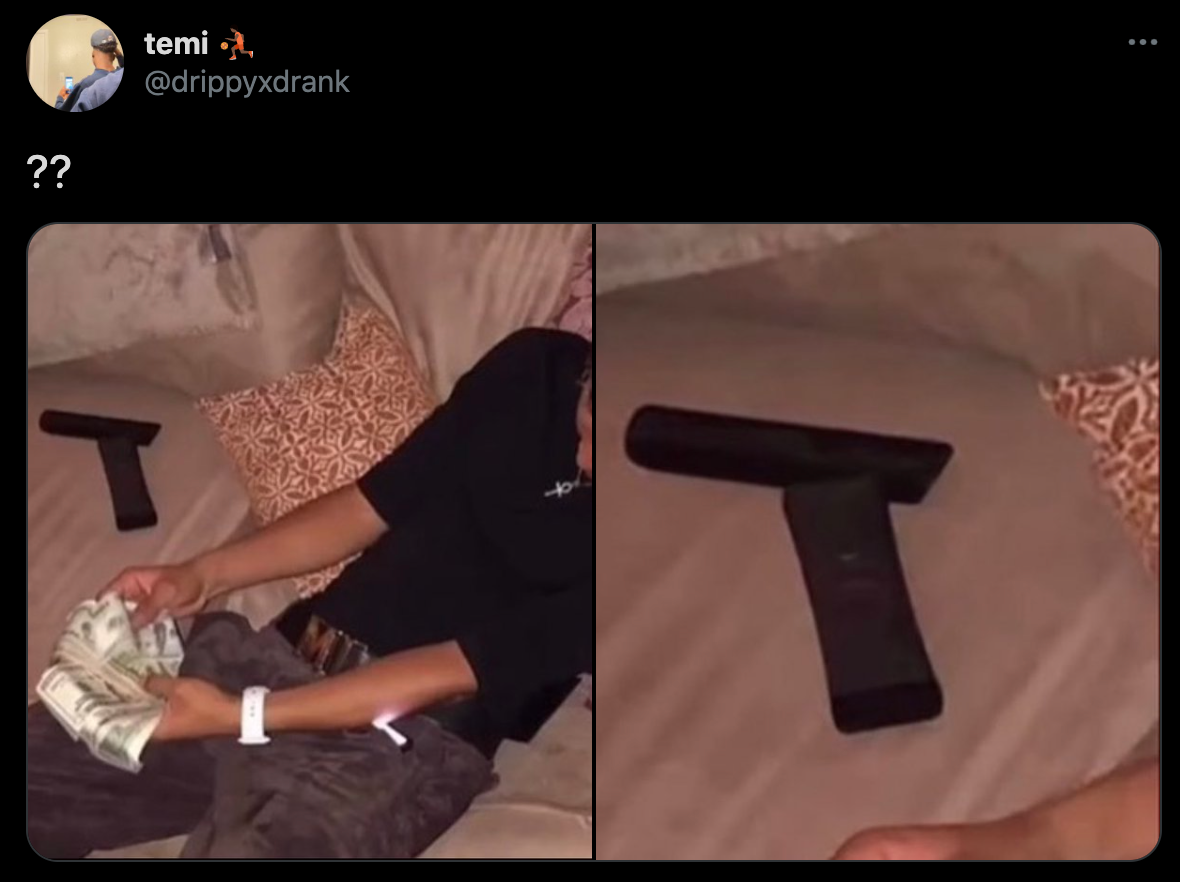 funny jokes - guy pretending to flex with money and fake gun made from tv remotes