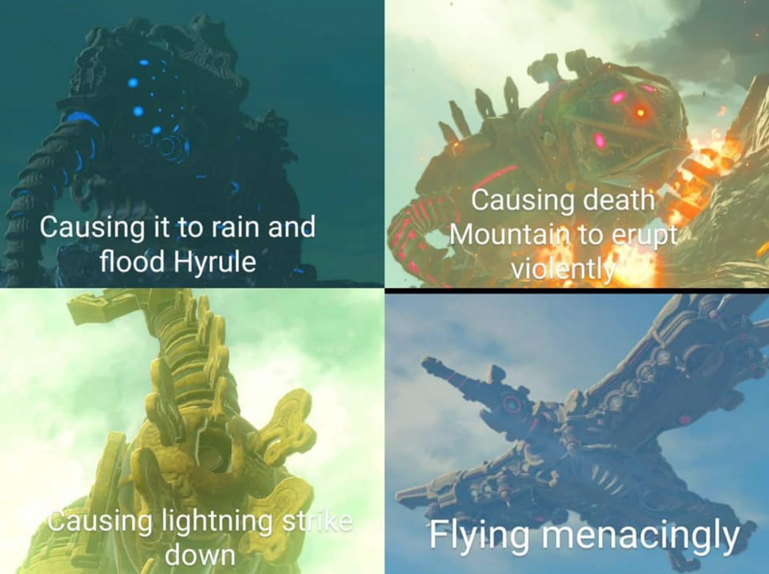 fauna - Causing it to rain and flood Hyrule Causing death Mountain to erupt violently Causing lightning strike down Flying menacingly