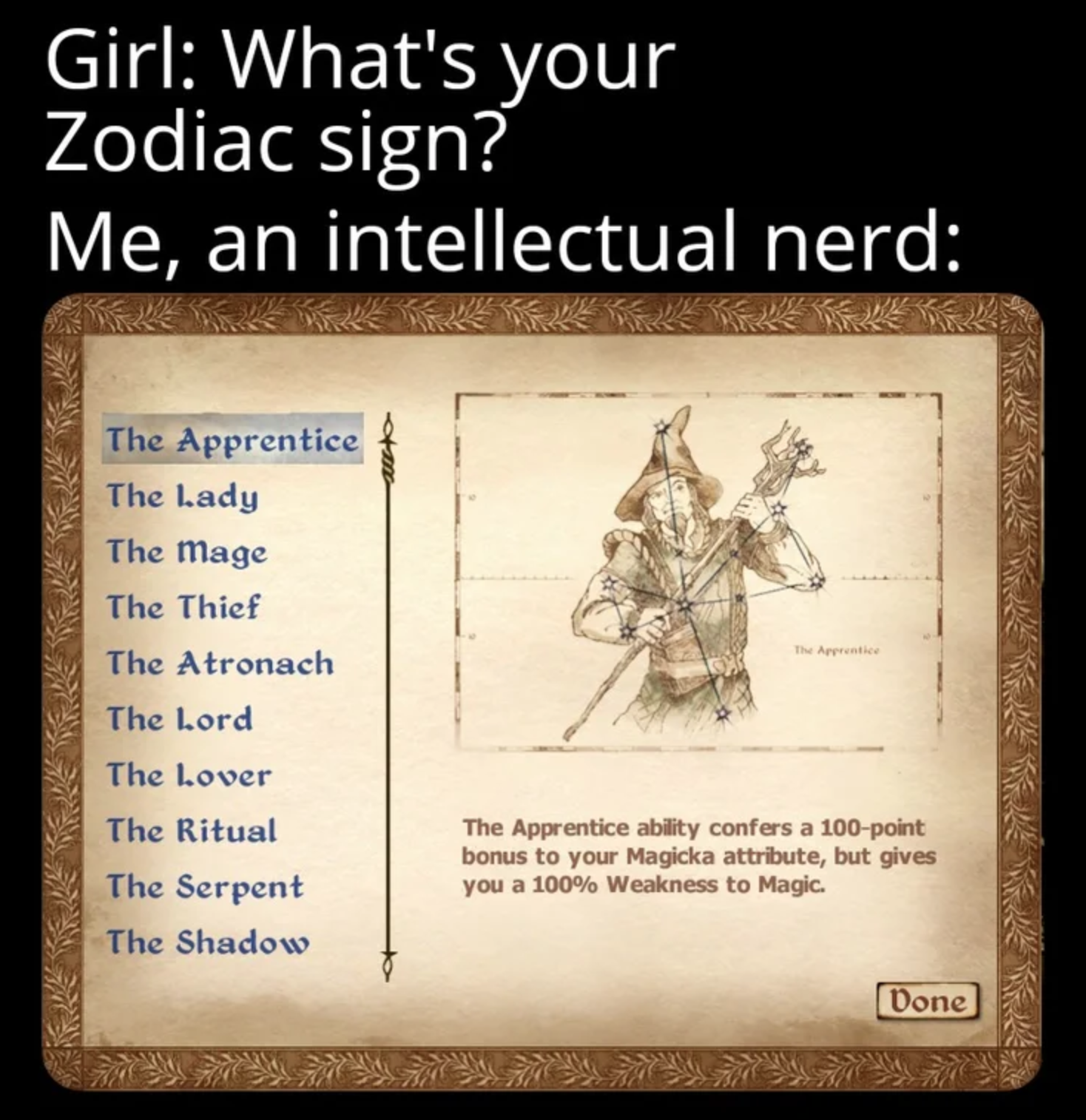 gaming memes and pics - oblivion - Girl What's your Zodiac sign? Me, an intellectual nerd The Apprentice The Lady The Mage The Thief The Atronach The Lord The Lover The Ritual The Serpent The Shadow The Apprentice ability confers a 100point bonus to your