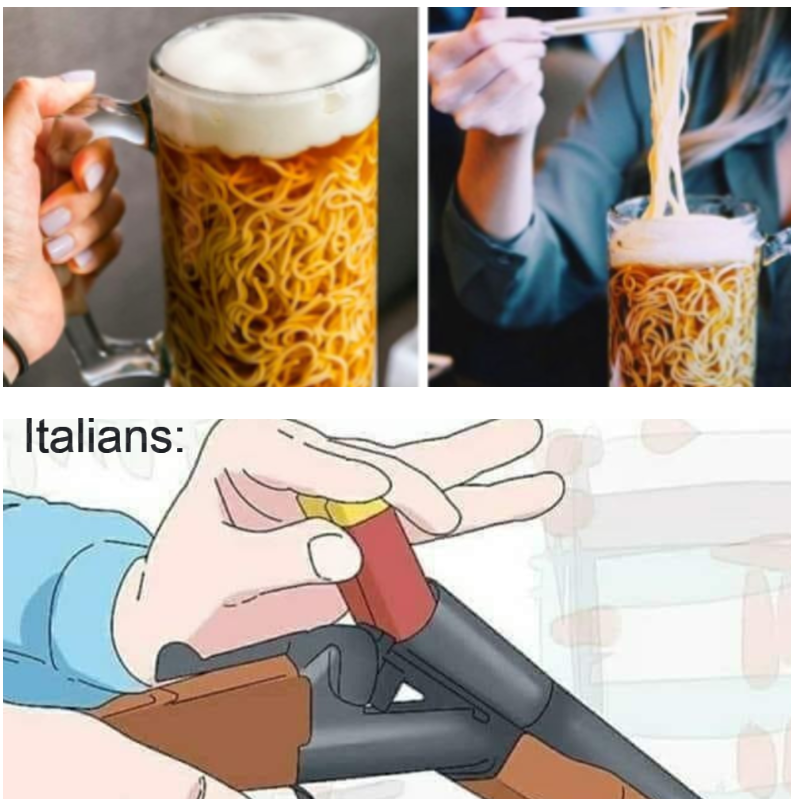 funny memes - god forgives but i don t - Italians eating noodles out of beer mug