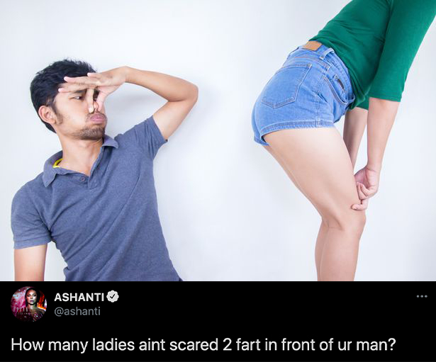 funny celebrity tweets - Ashanti How many ladies aint scared 2 fart in front of ur man?