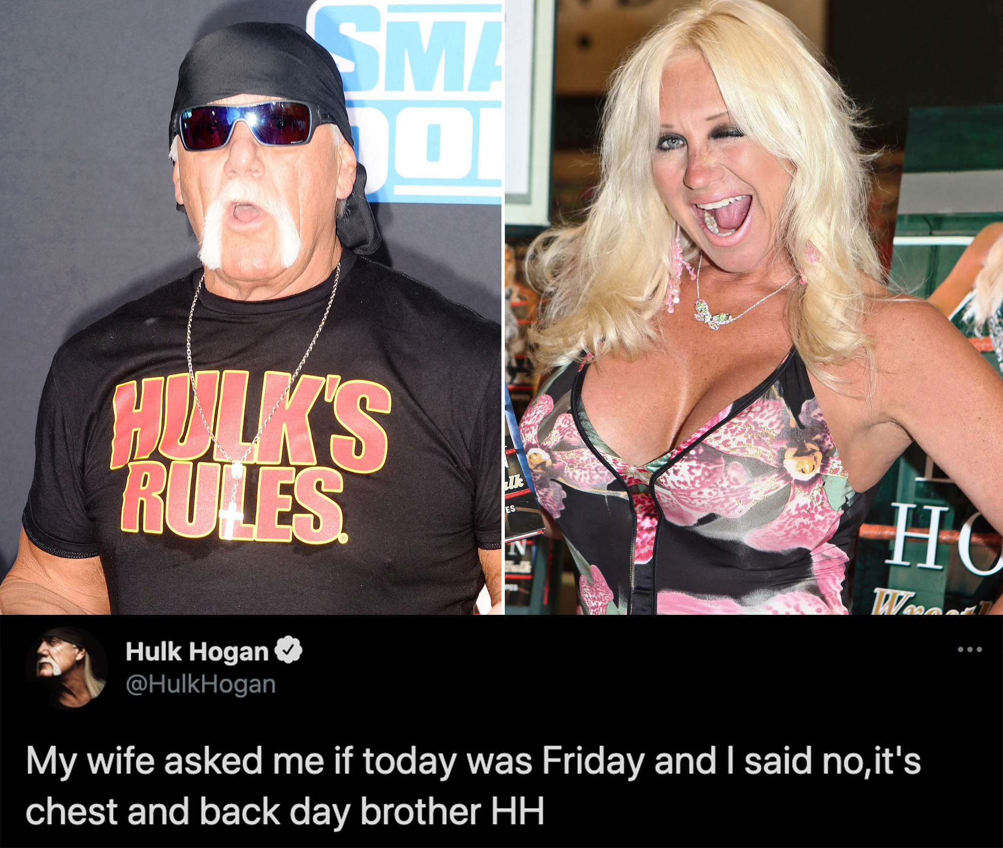 funny celebrity tweets - Hulk Hogan Hogan My wife asked me if today was Friday and I said no, it's chest and back day brother Hh