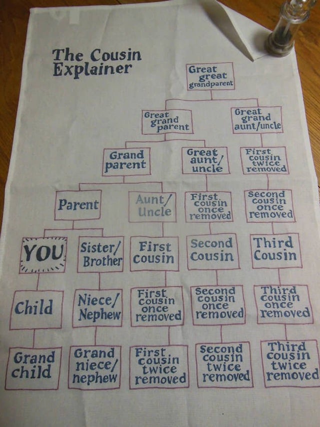cool and funny pics - The Cousin Explainer Great great grandparent Great parent grand Great grand auntuncle Grand parent Great aunty uncle First cousin twice removed Parent Aunt Uncle First. cousin once removed Second cousin once removed You Sister First 
