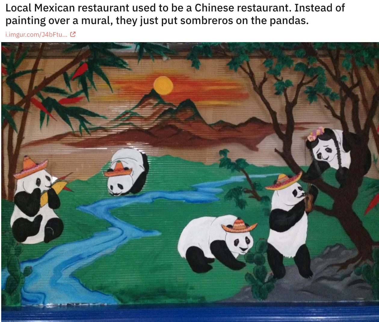 cool and funny pics - Local Mexican restaurant used to be a Chinese restaurant. Instead of painting over a mural, they just put sombreros on the pandas.
