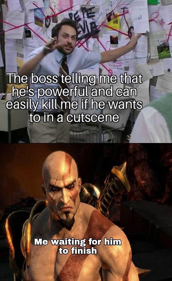 gaming memes - doom eternal game awards meme - The boss telling me that he's powerful and can easily kill me if he wants to in a cutscene Me waiting for him to finish
