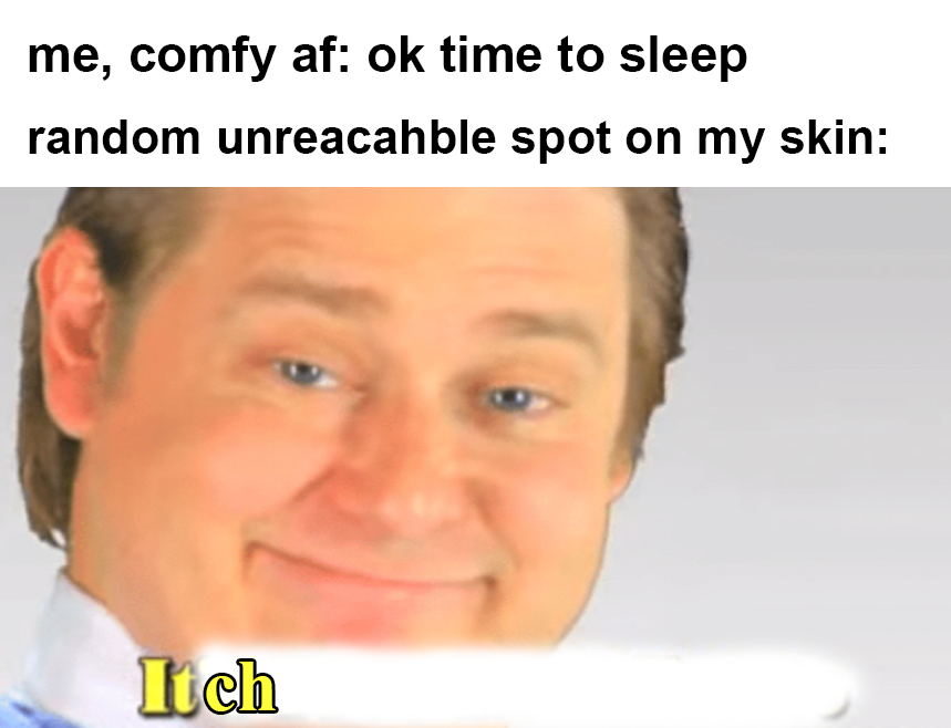 funny memes - me, comfy af ok time to sleep random unreacahble spot on my skin Itch