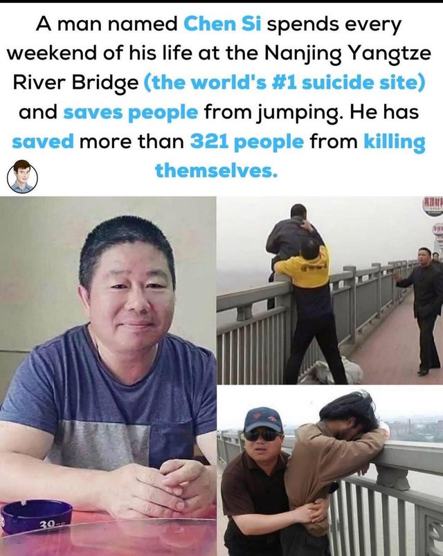 cool facts - A man named Chen Si spends every weekend of his life at the Nanjing Yangtze River Bridge the world's suicide site and saves people from jumping. He has saved more than 321 people from killing themselves.