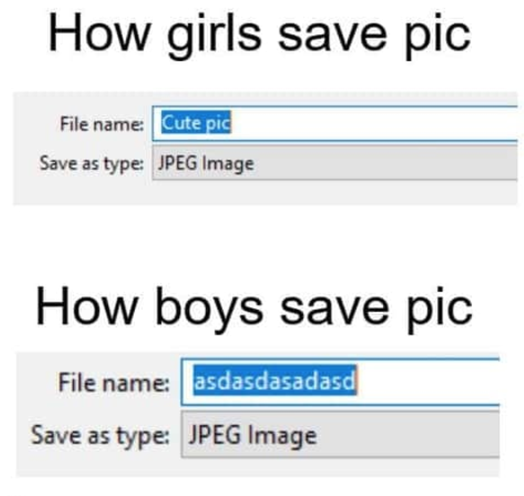gaming memes and pics - saving work on computer - How girls save pic File name Cute pic Save as type Jpeg Image How boys save pic File name asdasdasadasd Save as type Jpeg Image