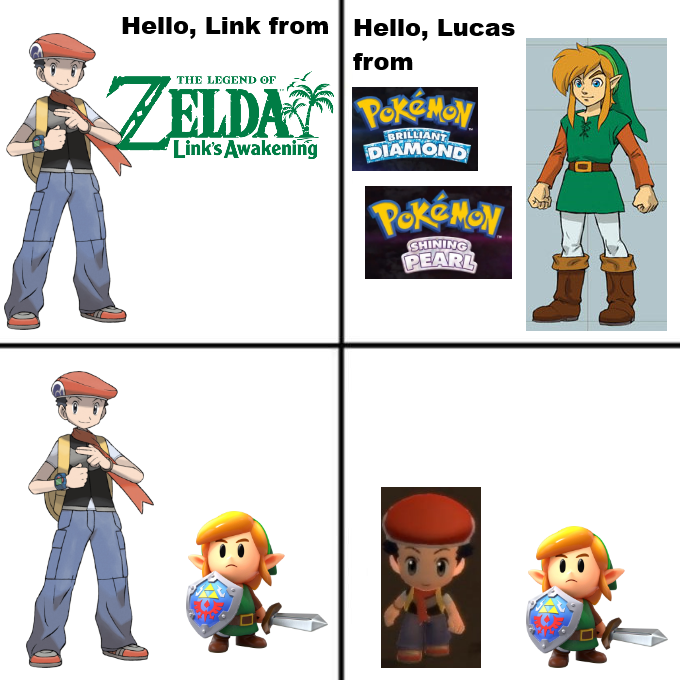 gaming memes - cartoon - Hello, Link from Hello, Lucas from The Legend Of Zelda Y Porny Link's Awakening Brilliant Diamond PokMoN Shining Pearl