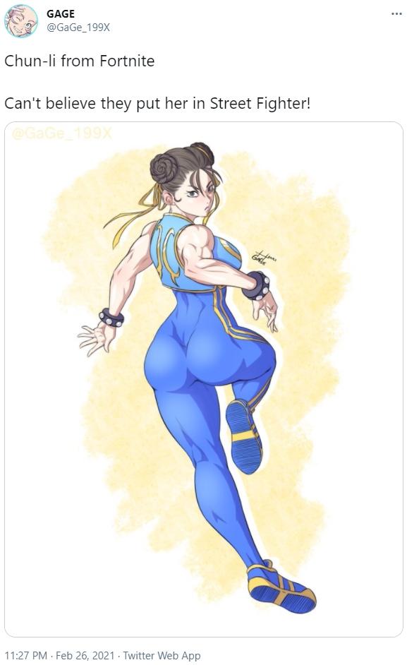 gaming memes - cartoon - . Gage Chunli from Fortnite Can't believe they put her in Street Fighter! Ga . . Twitter Web App