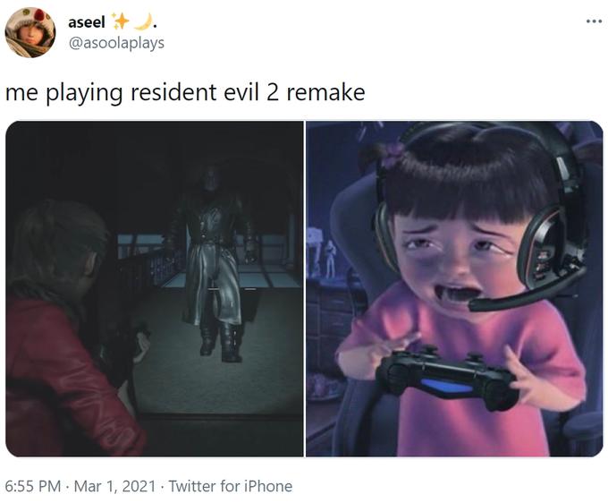 gaming memes - photo caption - aseel playing resident evil 2 remake . . Twitter for iPhone