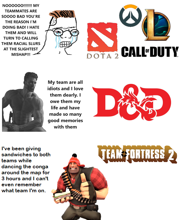 gaming memes - teamfortress 2 - NOO0000!!!!!!! My Teammates Are Soooo Bad You'Re The Reason I'M Doing Bad! I Hate Them And Will Turn To Calling Them Racial Slurs At The Slightest Mishap!!! . Call Duty Dota 2 My team are all idiots and I love them dearly.