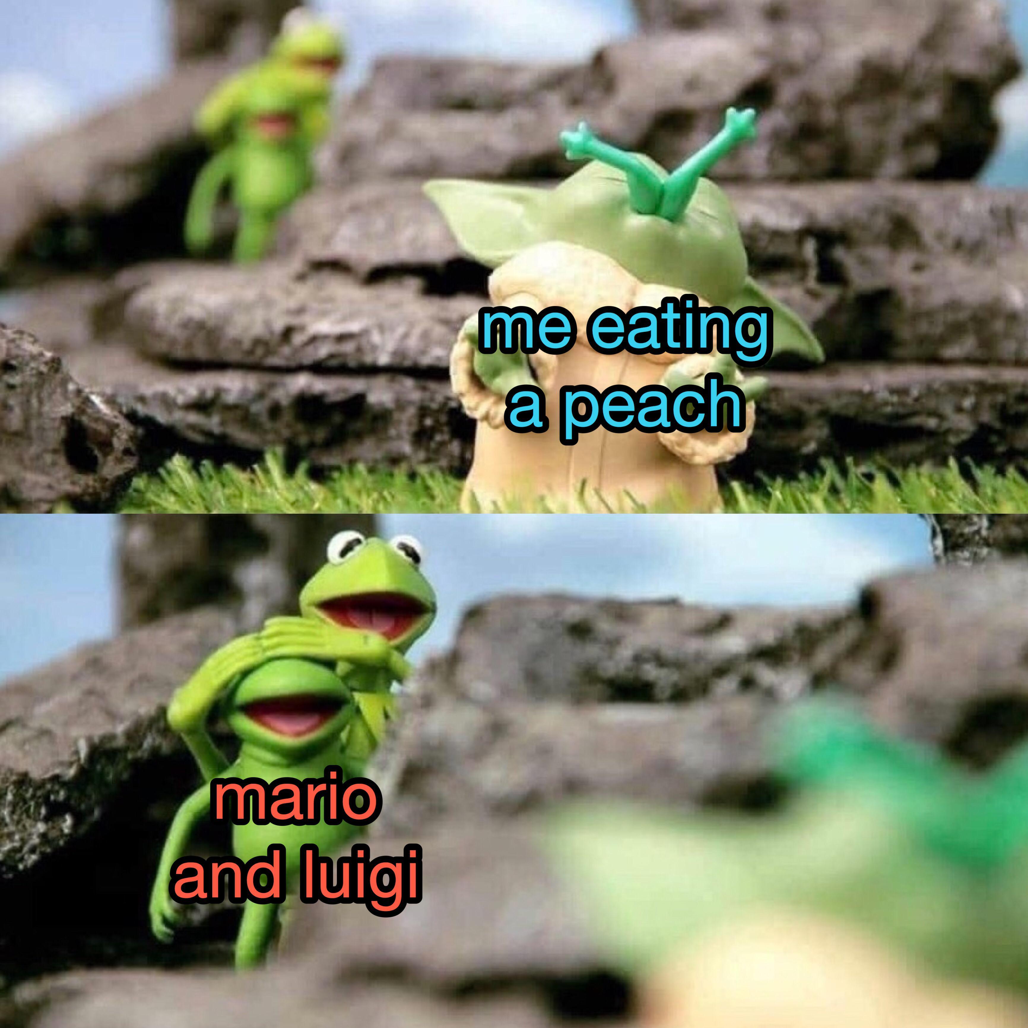 gaming memes - baby yoda kermit meme - me eating a peach mario and luigi