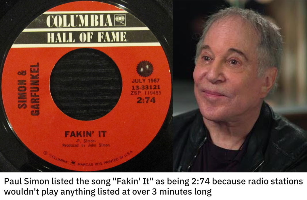 funny loopholes - paul simon listed the song fakin it as being 2:74 because radio stations wouldn't play anything at over 3 minutes long