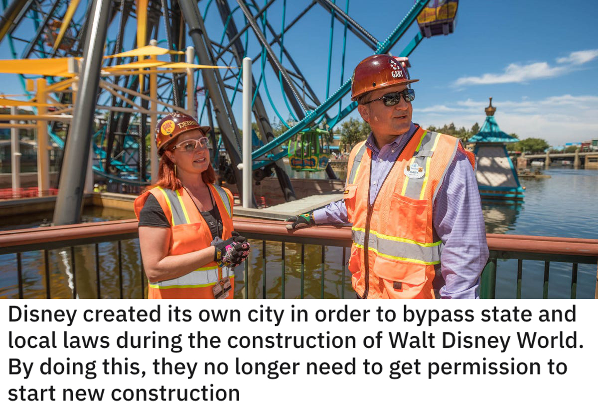 funny loopholes - Disney created its own city in order to bypass state and local laws during the construction of Walt Disney World. By doing this, they no longer need to get permission to start new construction