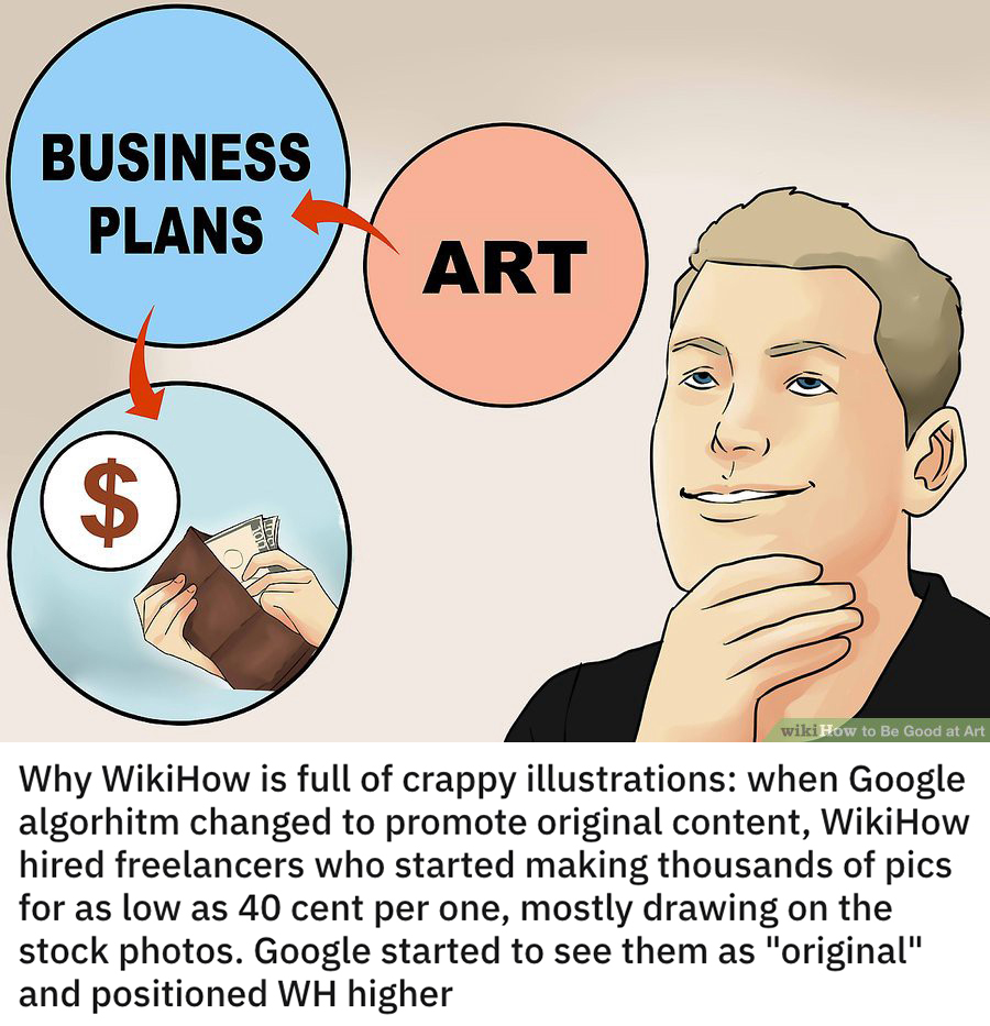 funny loopholes - Why WikiHow is full of crappy illustrations when Google algorhitm changed to promote original content, WikiHow hired freelancers who started making thousands of pics for as low as 40 cent per
