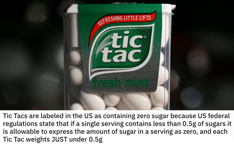 funny loopholes - Tic Tacs are labeled in the Us as containing zero sugar because Us federal regulations state that if a single serving contains less than 0.5g of sugars it is allowable to express the amount of sugar in them
