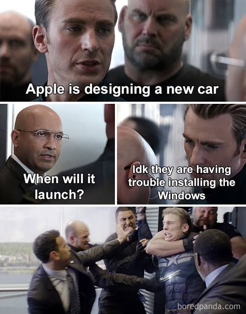 funny memes - captain america memes - Apple is designing a new car When will it launch? Idk they are having trouble installing the Windows