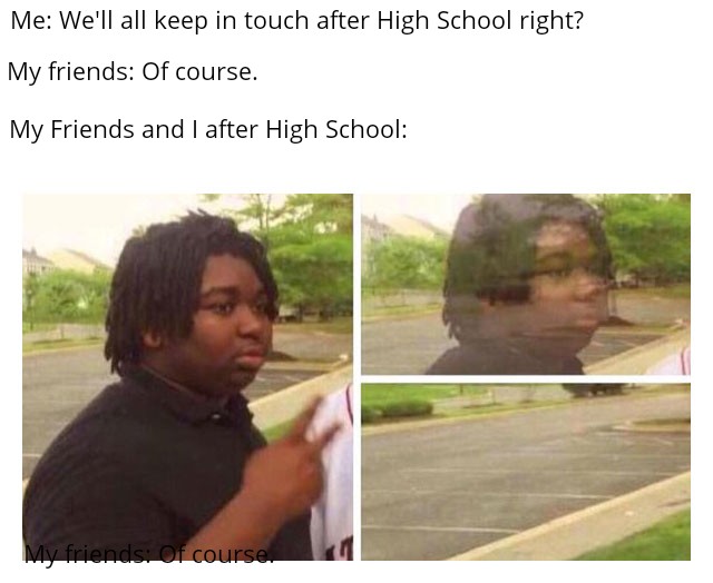 funny memes - nileseyy niles disappears - Me We'll all keep in touch after High School right? My friends Of course. My Friends and I after High School My friends. Of course.