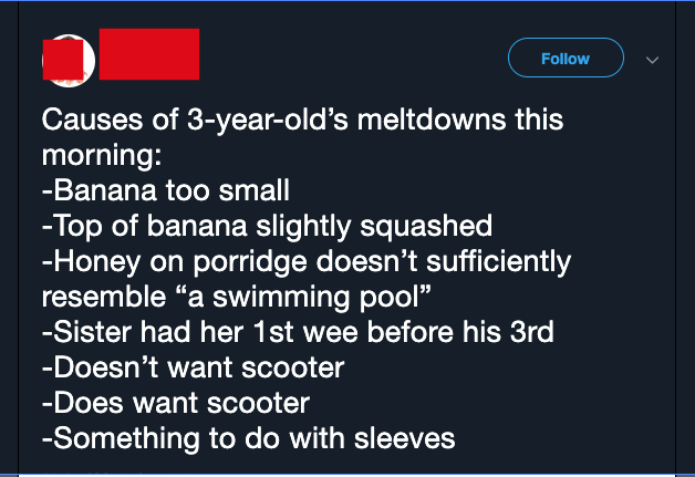 funny kid fails - Causes of 3 year old's meltdowns this morning Banana too small Top of banana slightly squashed Honey on porridge doesn't sufficiently resemble a swimming pool