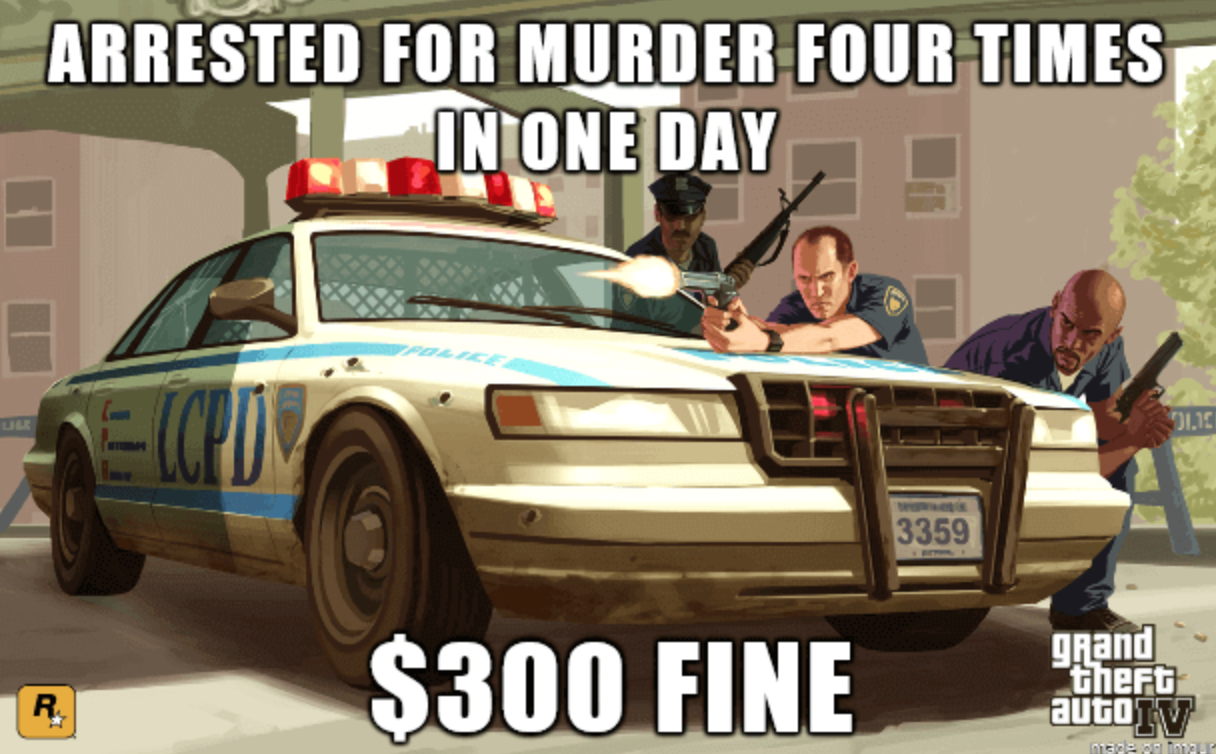 funny gaming memes - gta iv - Arrested For Murder Four Times In One Day 01.13 3359 $300 Fine grand theft R auto V