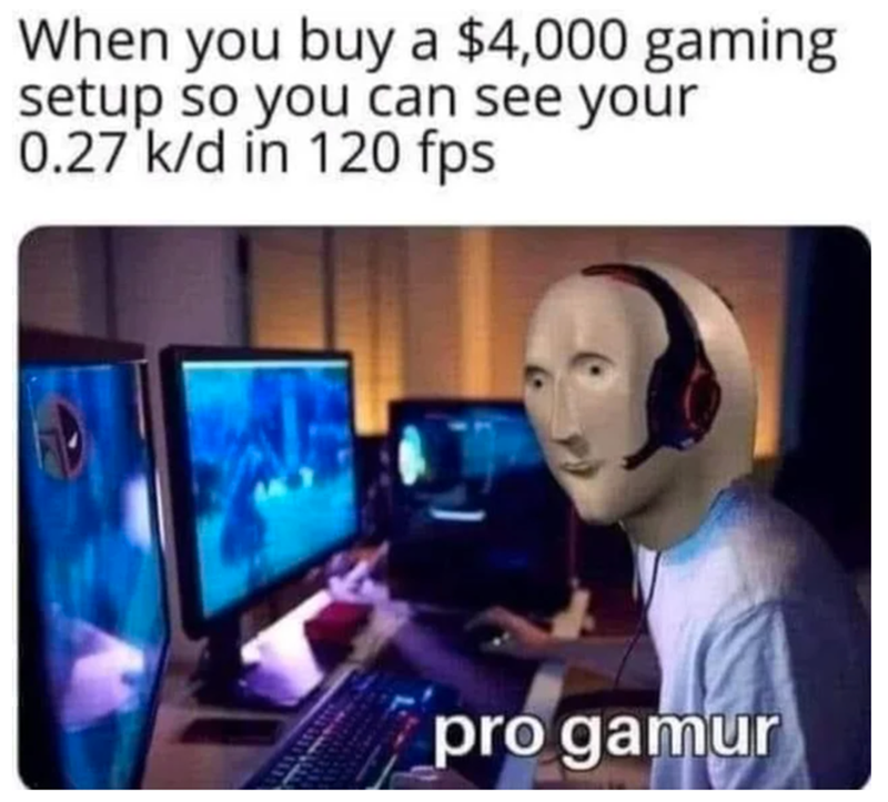 gaming memes - gaming memes - When you buy a $4,000 gaming setup so you can see your 0.27 kd in 120 fps pro gamur