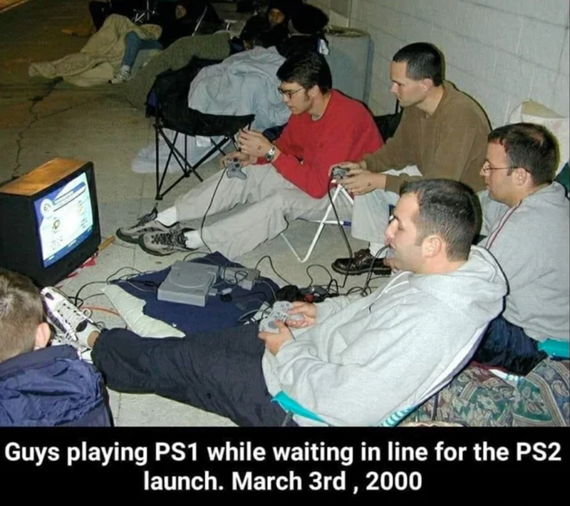 gaming memes - memes gamer - Guys playing PS1 while waiting in line for the PS2 launch. March 3rd, 2000