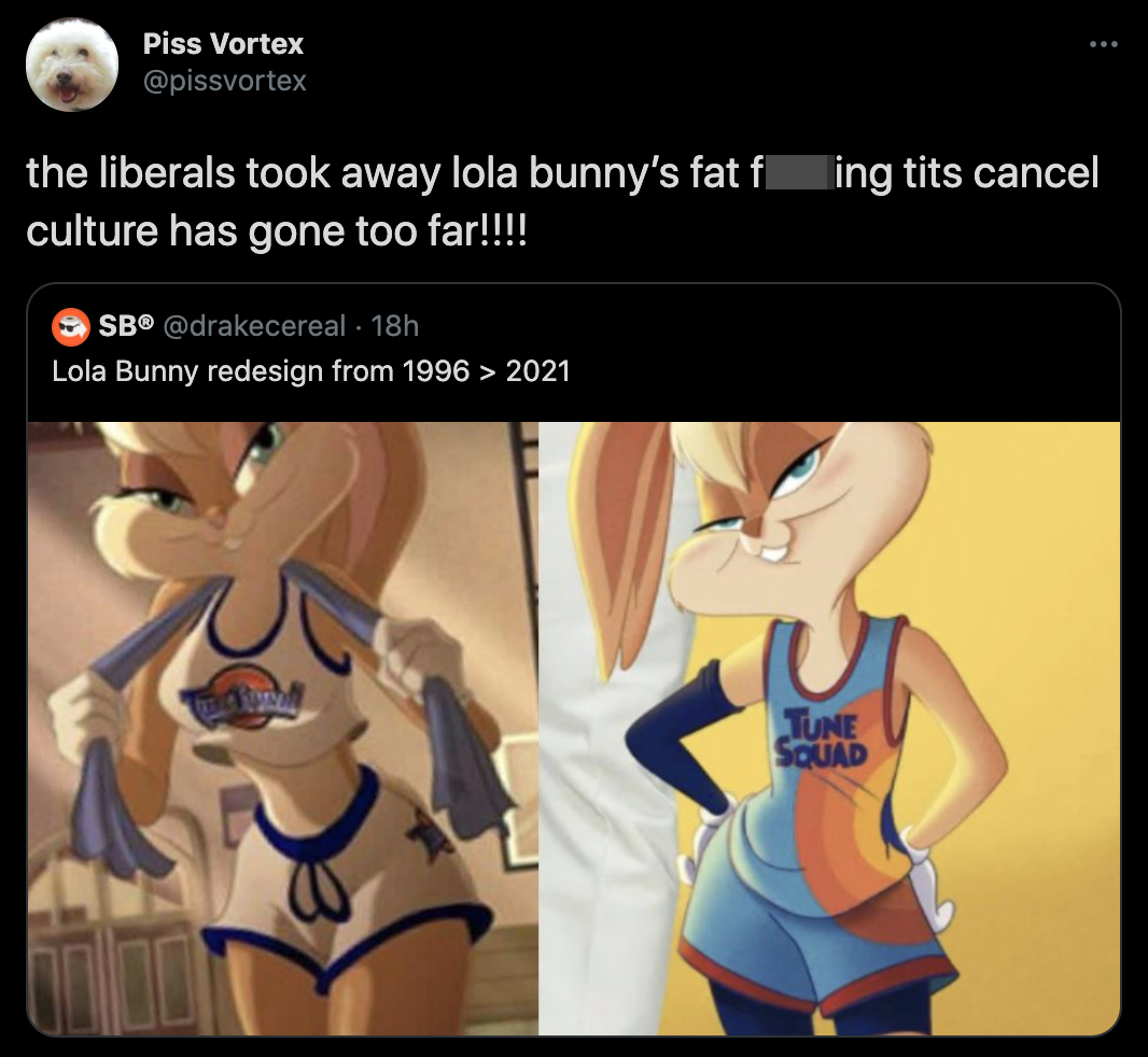 the liberals took away lola bunny's fat fucking tits cancel culture has gone too far!!!!  Lola Bunny redesign from 1996 > 2021