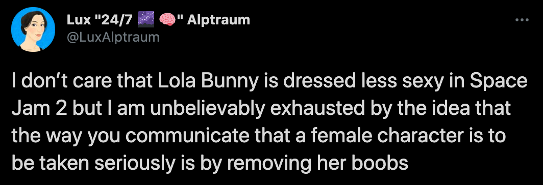 i don't care that lola bunny is dressed less sexy in space jam 2 but