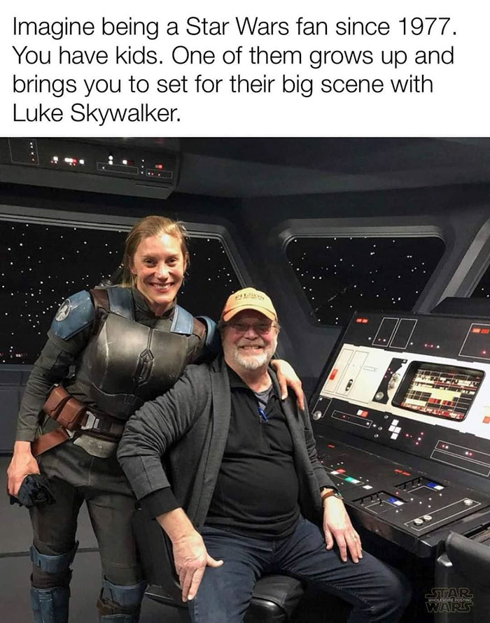 wholesome pics - katee sackhoff and dad - Imagine being a Star Wars fan since 1977. You have kids. One of them grows up and brings you to set for their big scene with Luke Skywalker. 001. Star Waris Hosesore Posting