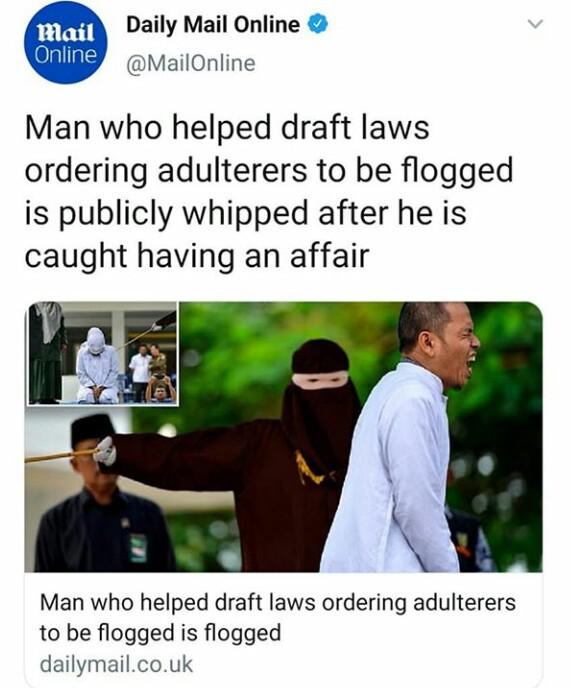 Man who helped draft laws ordering adulterers to be flogged is publicly whipped after he is caught having an affair Man who helped draft laws ordering adulterers to be flogged is flogged