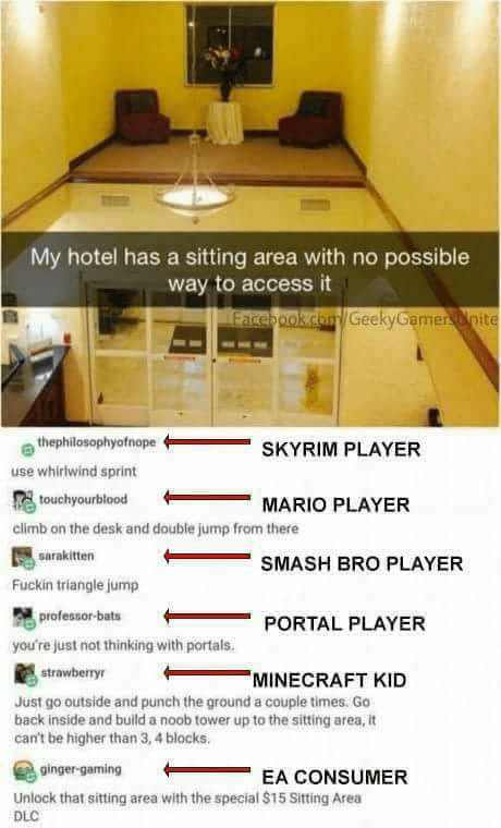 hotel with inaccessible sitting area - My hotel has a sitting area with no possible way to access it Facebook.comGeekyGamer lite thephilosophyotnope Skyrim Player use whirlwind sprint touchyourblood Mario Player climb on the desk and double jump from ther