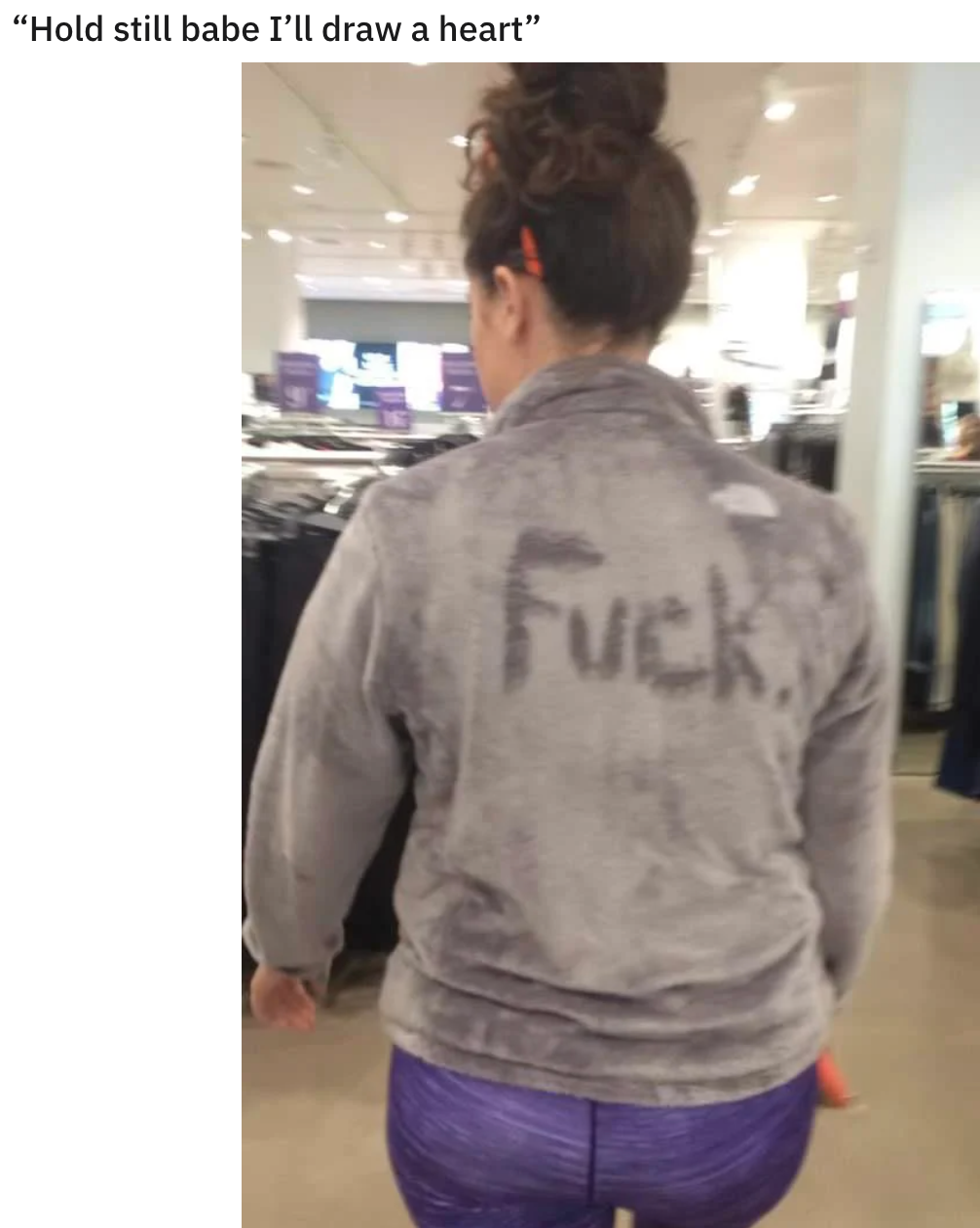 funny pics - woman's shirt says fuck on the back