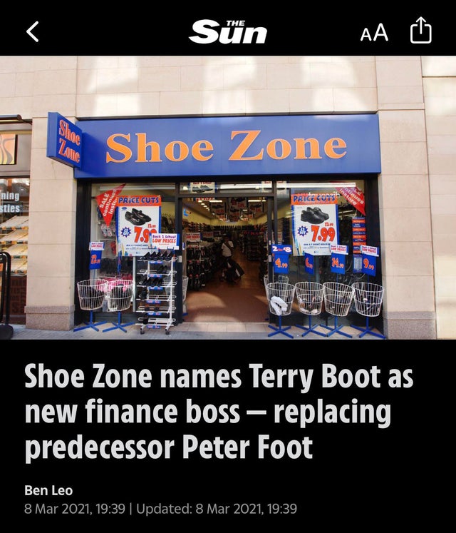 funny pics - Shoe Zone names Terry Boot as new finance boss replacing predecessor Peter Foot