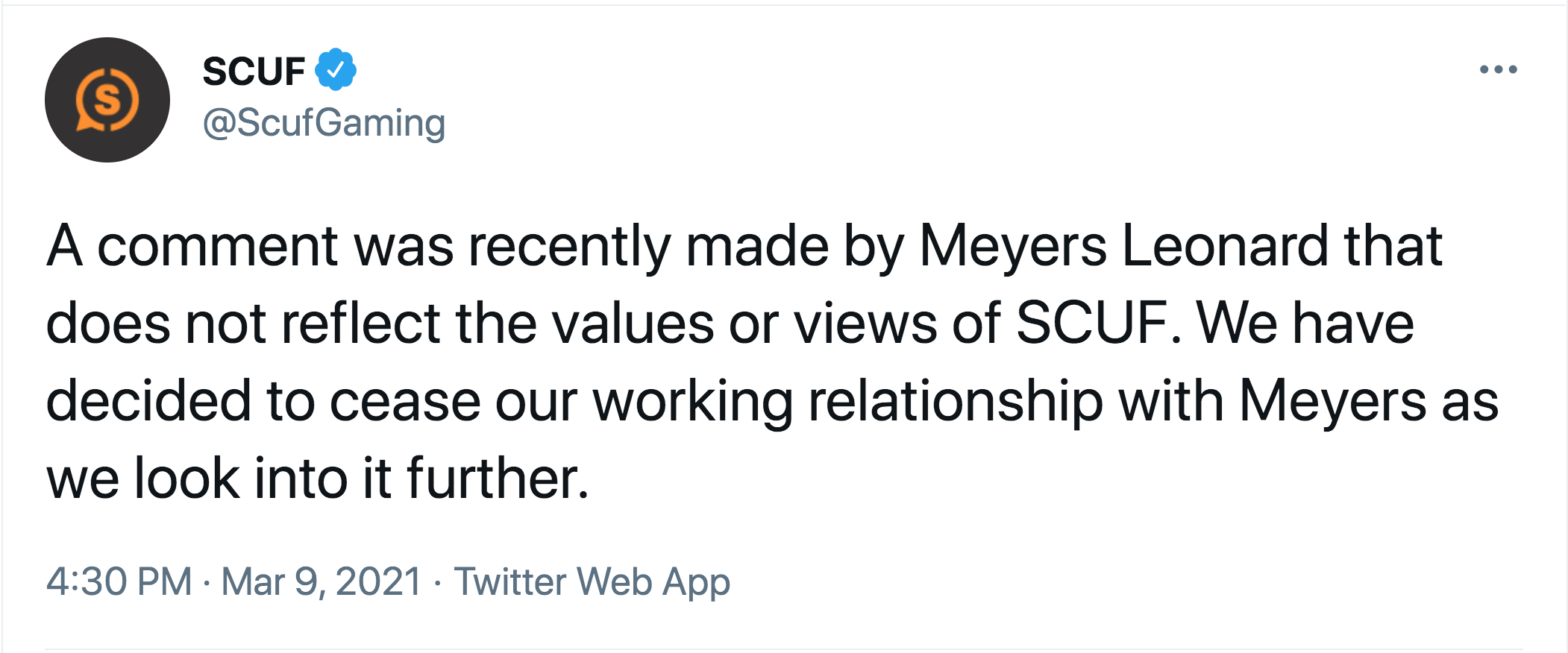 Meyers Leonard Anti-Semitic Slur - me as i am quotes - ... S Scuf A comment was recently made by Meyers Leonard that does not reflect the values or views of Scuf. We have decided to cease our working relationship with Meyers as we look into it further. Tw