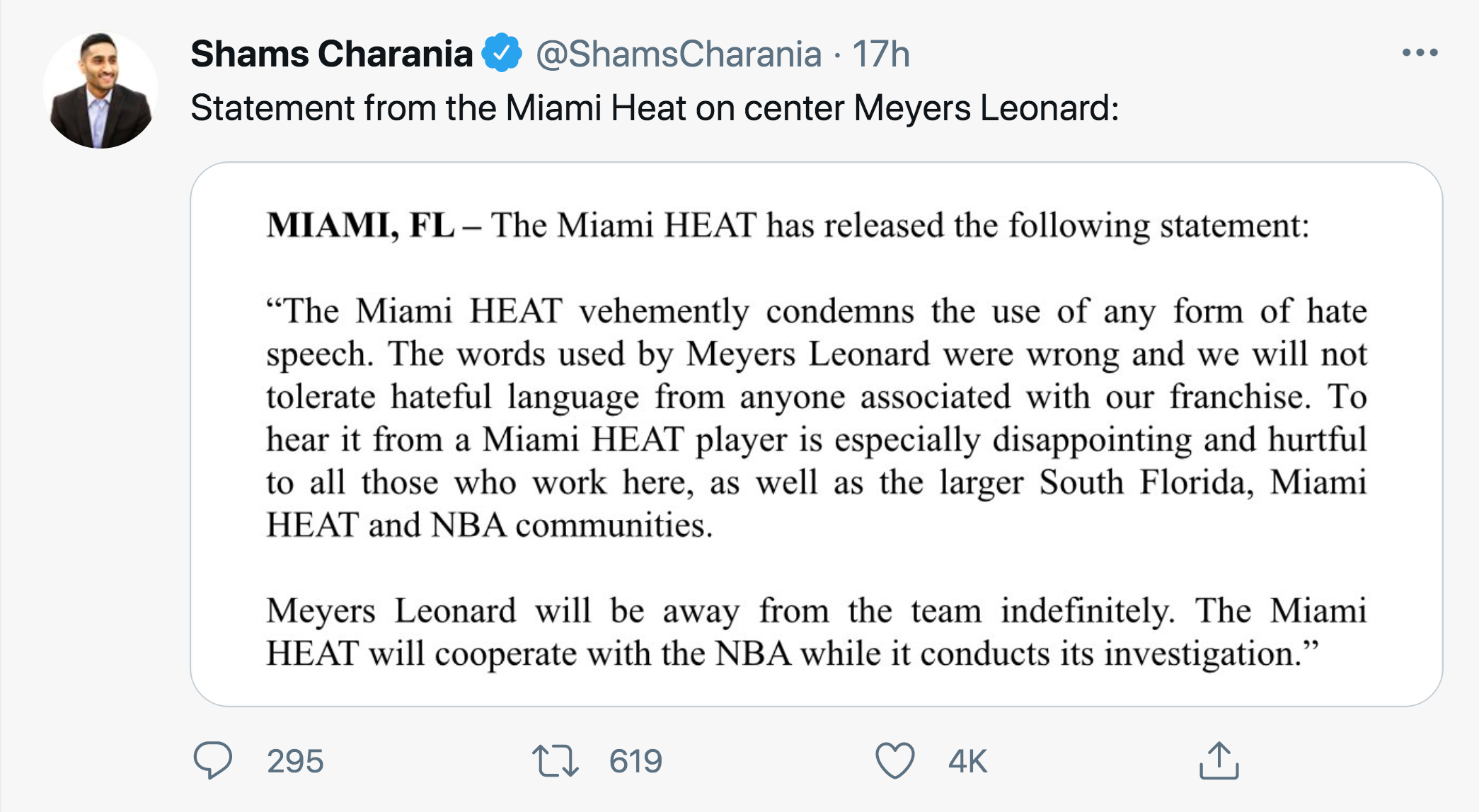 Meyers Leonard Anti-Semitic Slur - paper - Shams Charania 17h Statement from the Miami Heat on center Meyers Leonard Miami, Fl The Miami Heat has released the ing statement