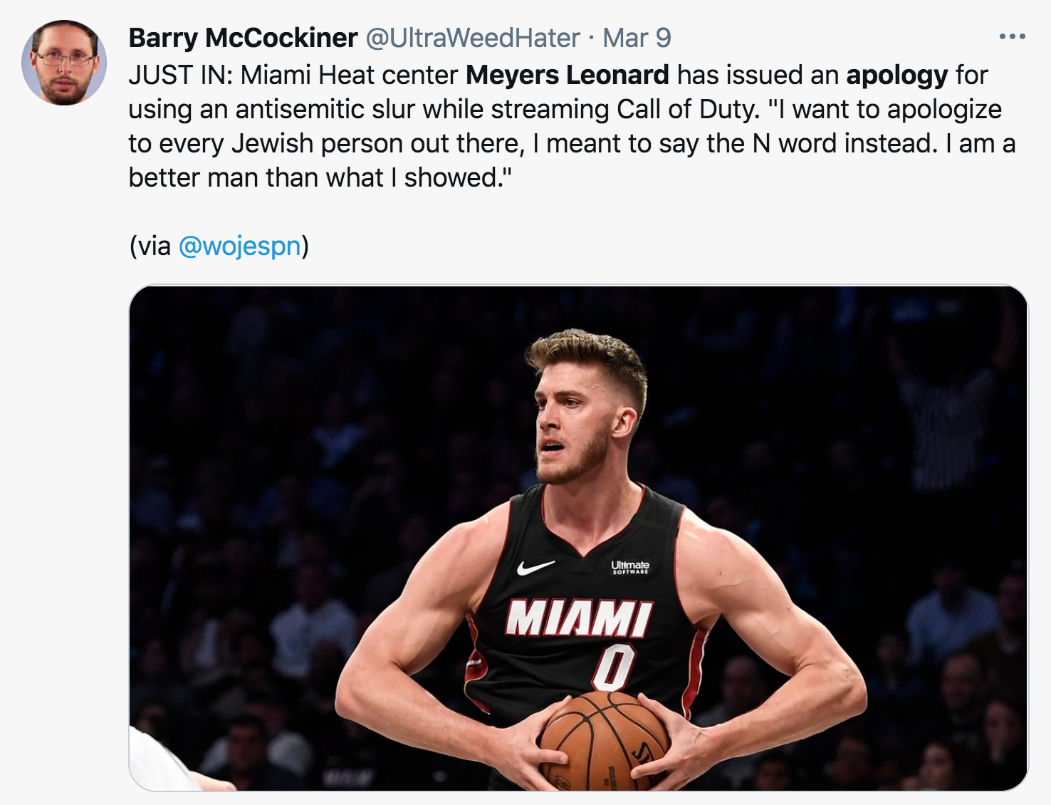 Meyers Leonard Anti-Semitic Slur - Barry McCockiner . Mar 9 Just In Miami Heat center Meyers Leonard has issued an apology for using an antisemitic slur while streaming Call of Duty.