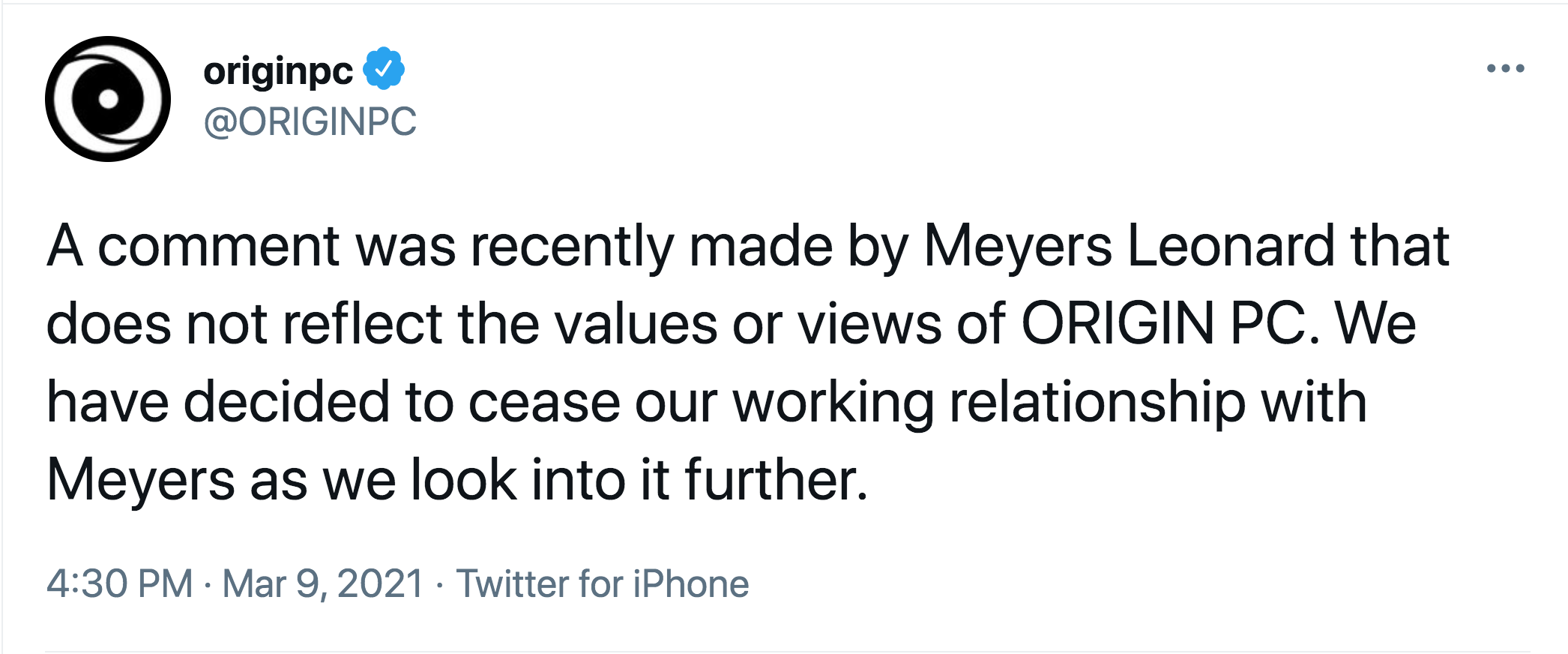Meyers Leonard Anti-Semitic Slur - angle - originpc A comment was recently made by Meyers Leonard that does not reflect the values or views of Origin Pc. We have decided to cease our working relationship with Meyers as we look into it further. Twitter for