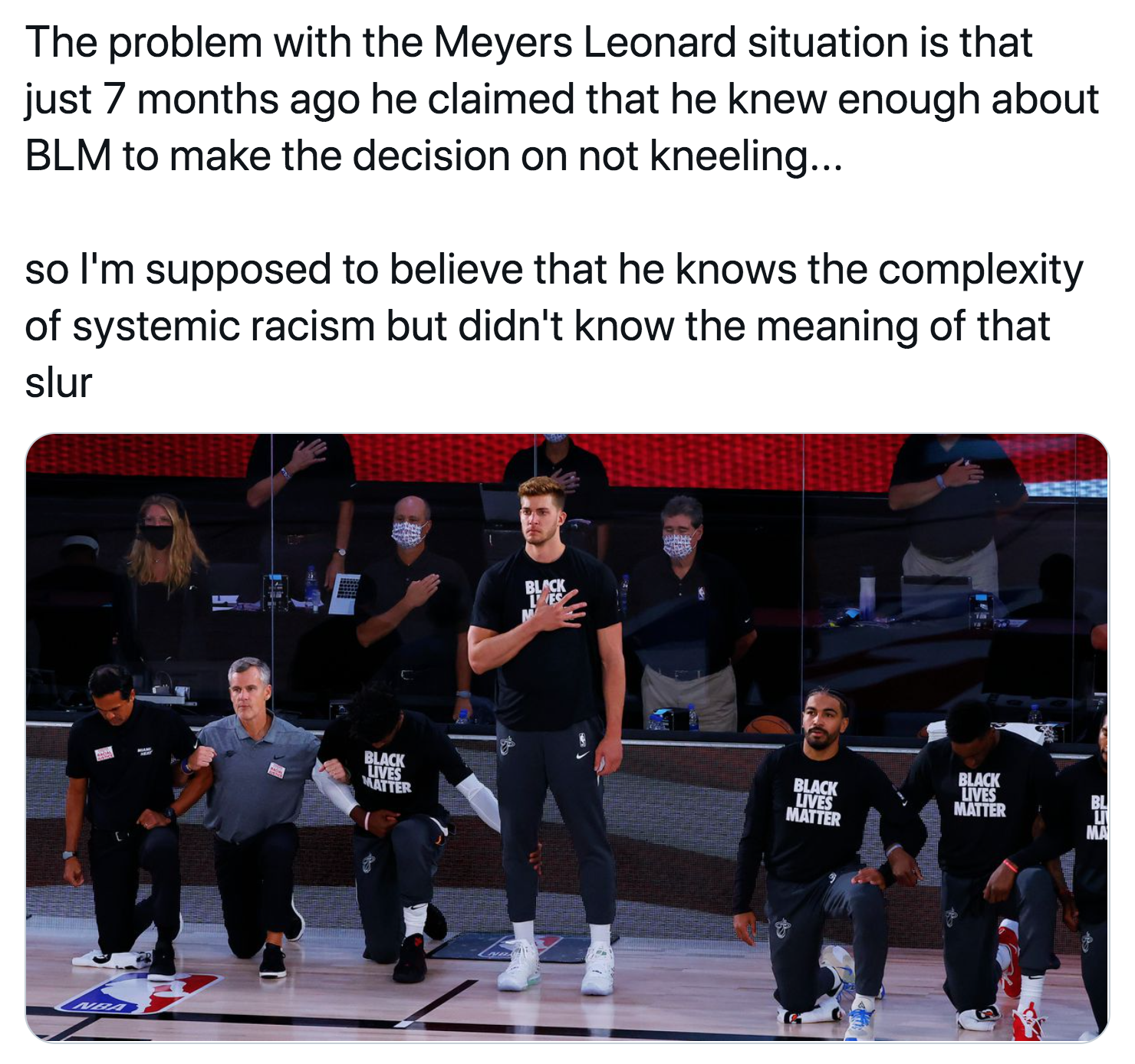Meyers Leonard Anti-Semitic Slur - meyers leonard anthem - The problem with the Meyers Leonard situation is that just 7 months ago he claimed that he knew enough about Blm to make the decision on not kneeling... so I'm supposed to believe that he knows th