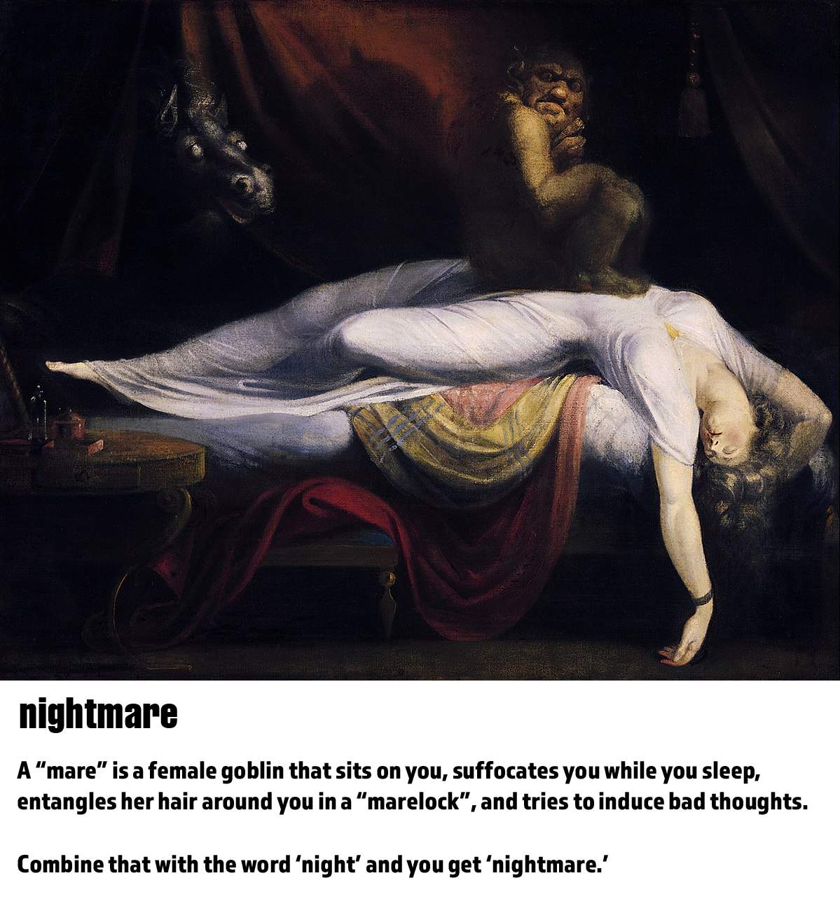 fun word origins history facts - nightmare - a mare is a female goblin that sits on your chest