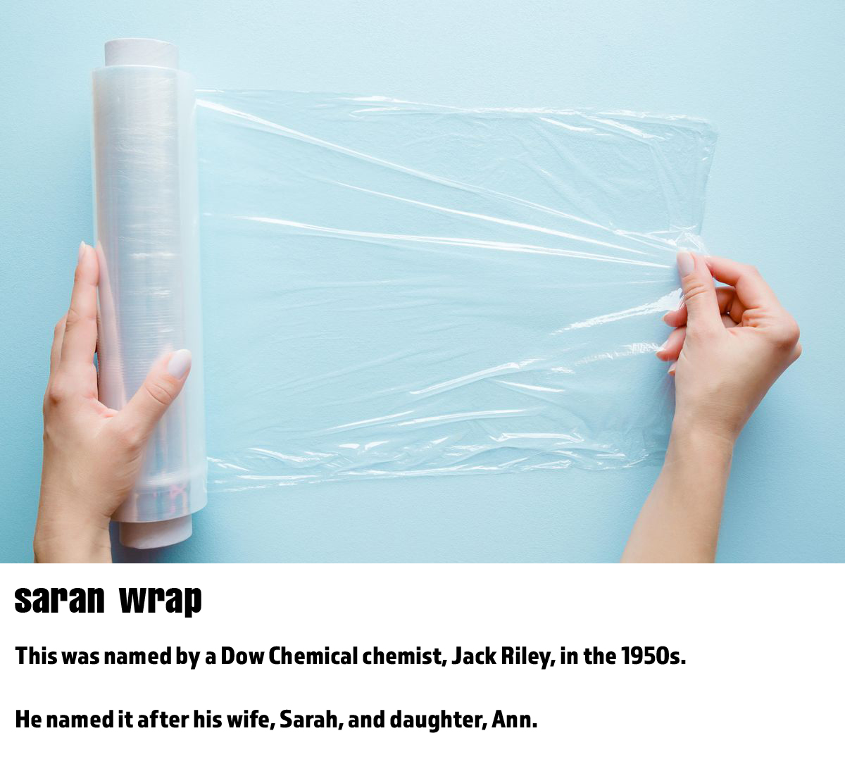 fun word origins history facts - saran wrap - This was named by a Dow Chemical chemist, Jack Riley, in the 1950s. He named it after his wife, Sarah, and daughter, Ann.