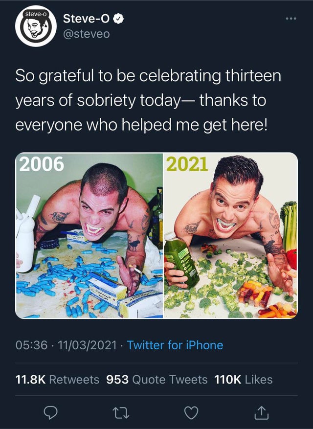 wholesome-pics-and-memes photo caption - steveo SteveO So grateful to be celebrating thirteen years of sobriety today, thanks to everyone who helped me get here! 2006 2021 11032021 Twitter for iPhone 953 Quote Tweets