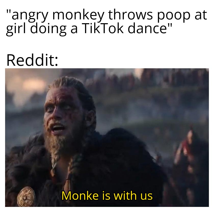 awesome pics and funny memes - shield wall meme - "angry monkey throws poop at girl doing a TikTok dance" Reddit Monke is with us