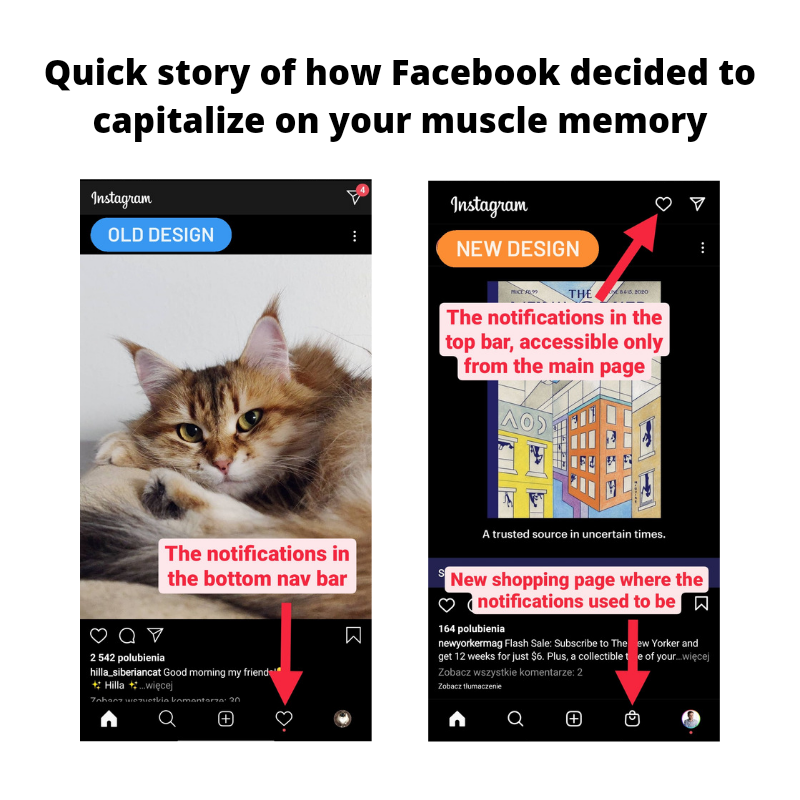 funny design fails - cat - Quick story of how Facebook decided to capitalize on your muscle memory Instagram Old Design Instagram New Design The The notifications in the top bar, accessible only from the main page A trusted source in urce in uncertain tim